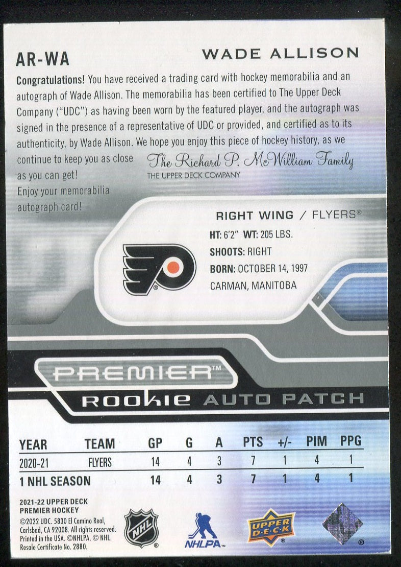 2021-22 Upper Deck Premier Acetate Rookie Patch Autographs #ARWA Wade Allison 144/249