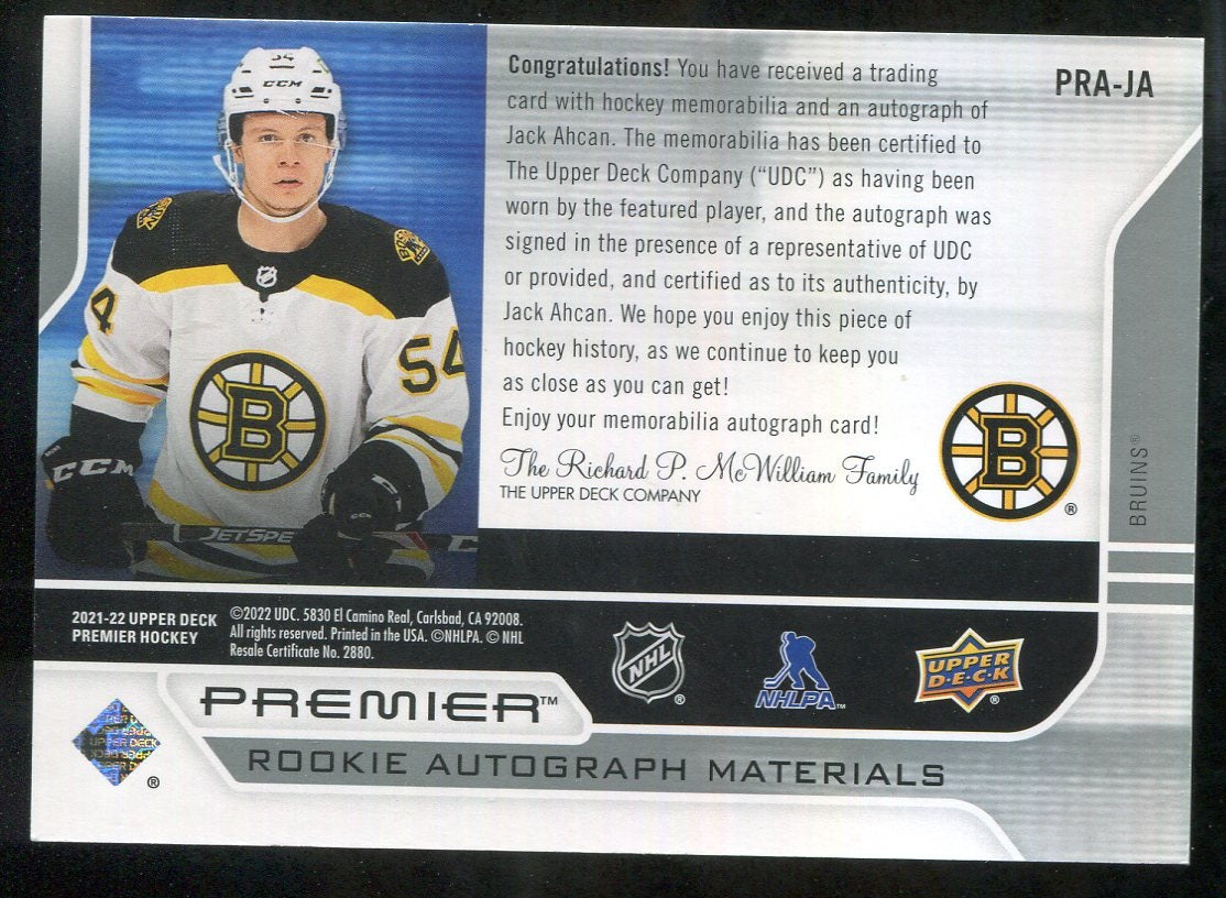 2021-22 Upper Deck Premier '21 Premier Rookie Jersey Autographs #PRAJA Jack Ahcan 58/99 !!