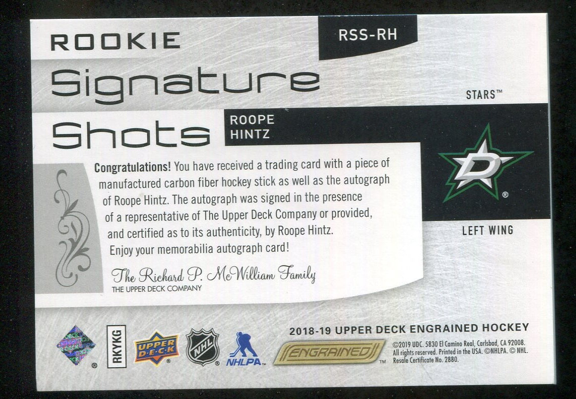 2018-19 Upper Deck Engrained Rookie Signature Shots #RSSRH Roope Hintz 007/249 !!