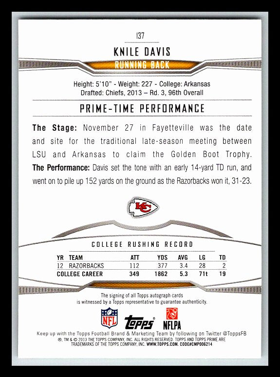 2013 Topps Prime Autographs Copper #137 Knile Davis 50/99 !!
