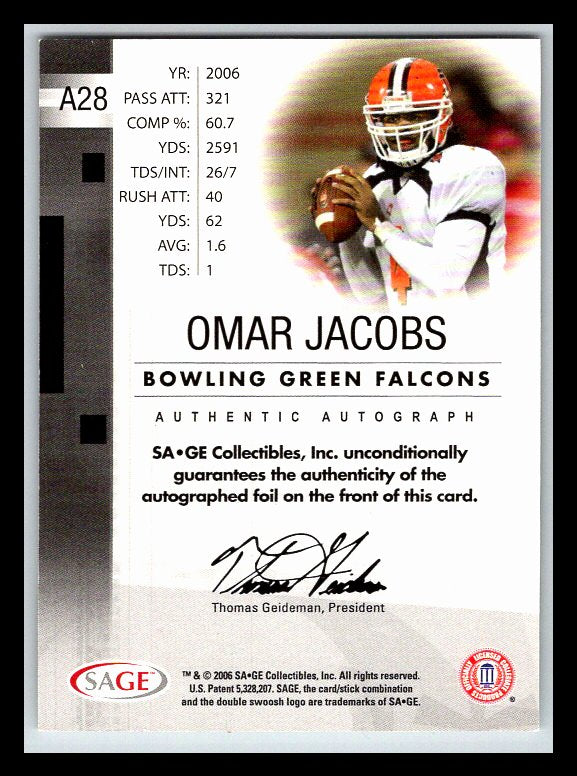 2006 SAGE Autographs Silver #A28 Omar Jacobs 195/300 !!