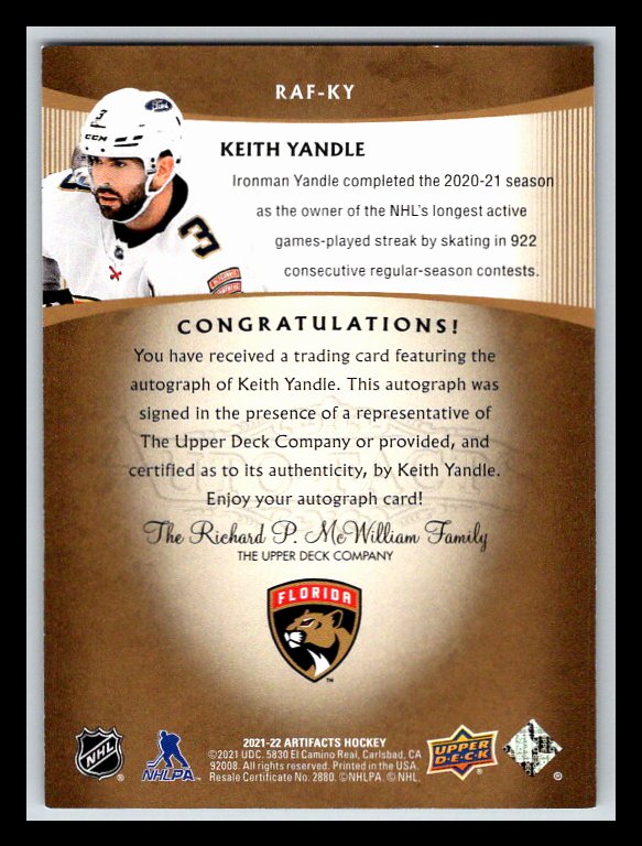 2021-22 Artifacts '05-06 Retro Autofacts #RAFKY Keith Yandle