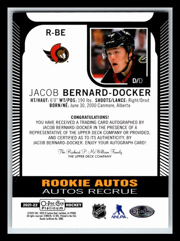 2021-22 O-Pee-Chee Platinum Rookie Autographs #RBE Jacob Bernard-Docker