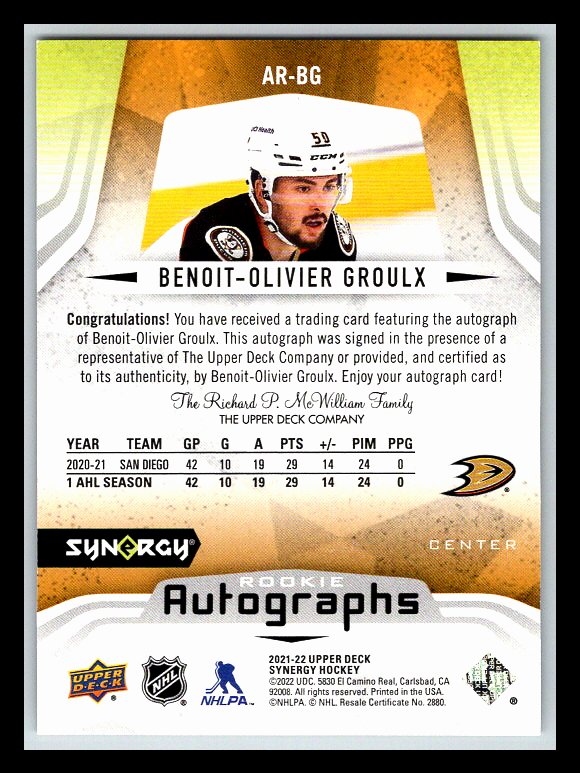 2021-22 Synergy Rookie Autographs #ARBG Benoit-Olivier Groulx