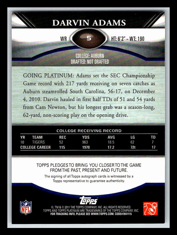 2011 Topps Platinum Rookie Autographs #5 Darvin Adams 0722/1725 !!