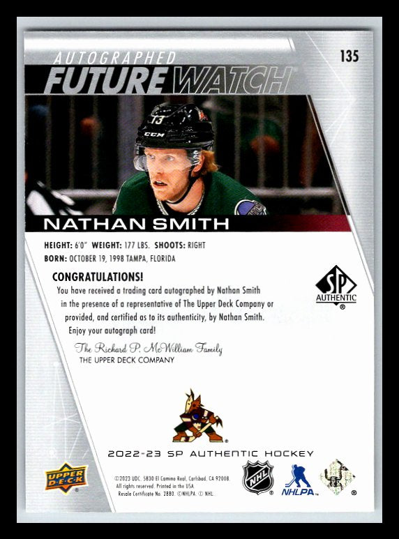 2022-23 SP Authentic #135 Nathan Smith FW AU RC 106/999 !!