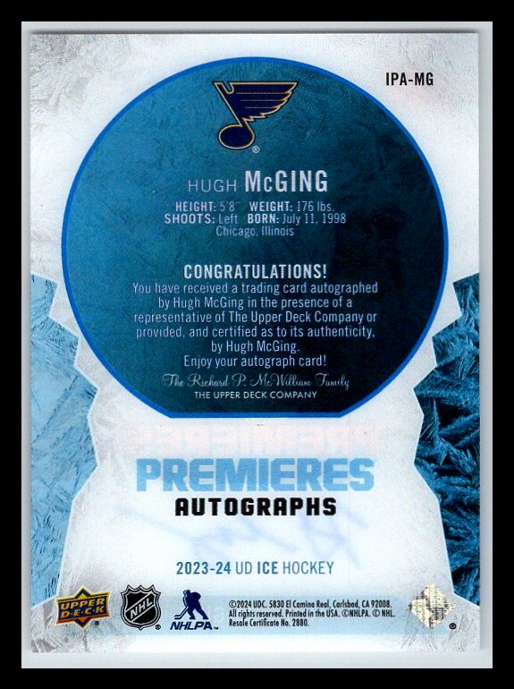 2023-24 Upper Deck Ice Ice Premieres Autographs #IPAMG Hugh McGing 023/199 !!