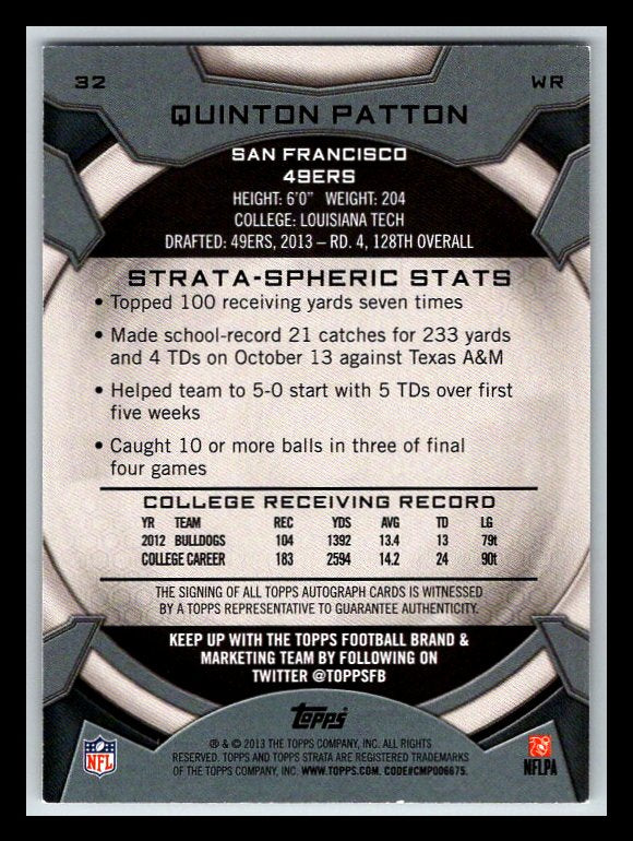 2013 Topps Strata Autographs #32 Quinton Patton RC