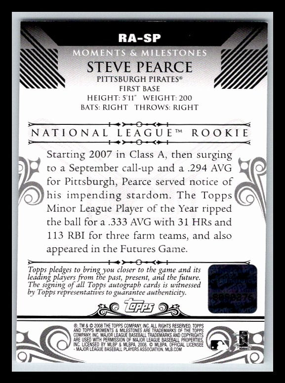 2008 Topps Moments and Milestones Rookie Autographs #SP Steve Pearce