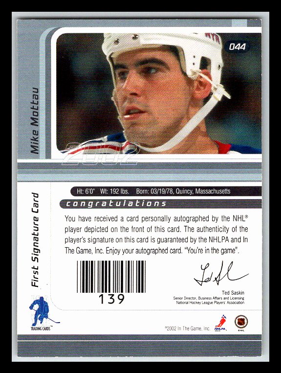 2001-02 BAP Signature Series Autographs Gold #44 Mike Mottau