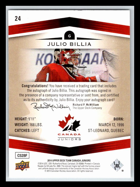 2014-15 Upper Deck Team Canada Juniors Autographs Gold #24 Julio Billia