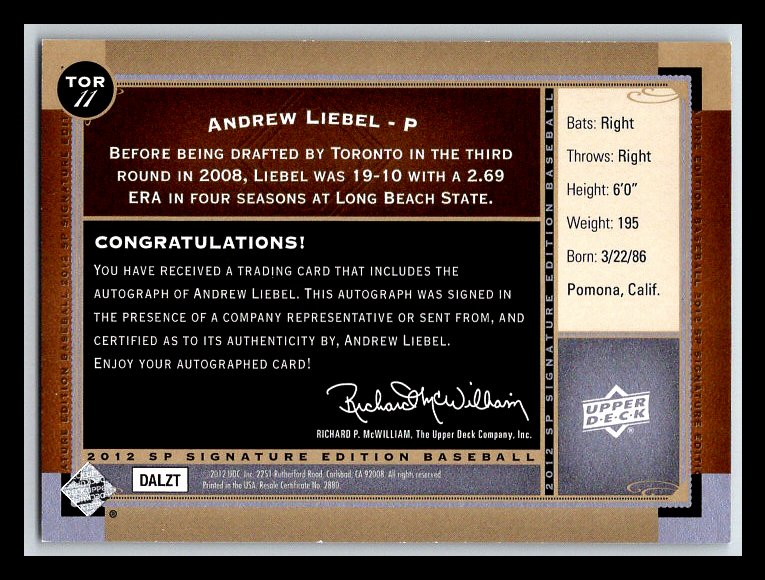 2012 SP Signature #TOR11 Andrew Liebel