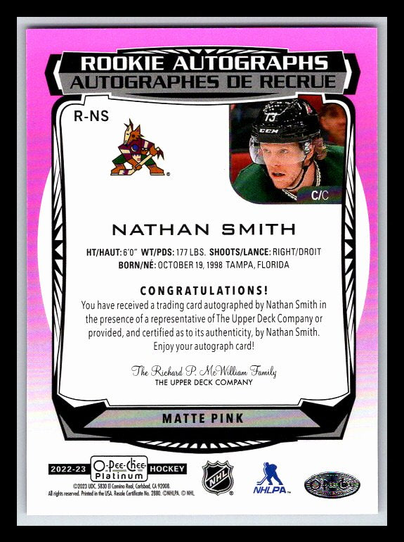 2022-23 O-Pee-Chee Platinum Rookie Autographs Matte Pink #RNS Nathan Smith