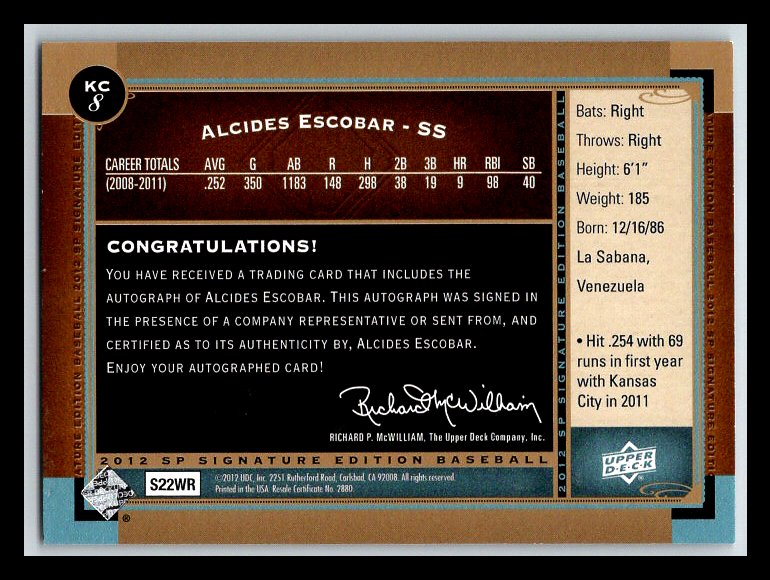 2012 SP Signature #KC8 Alcides Escobar