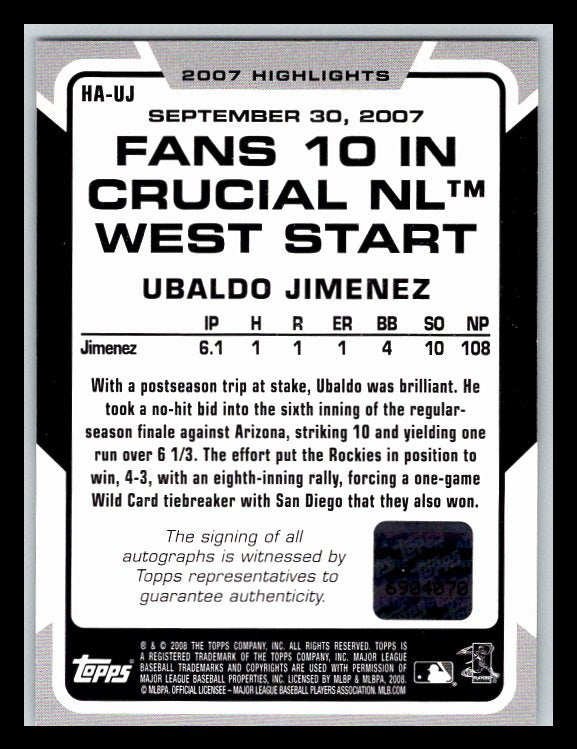 2008 Topps Highlights Autographs #UJ Ubaldo Jimenez