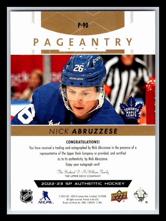 2022-23 SP Authentic Pageantry Autographs #P90 Nick Abruzzese