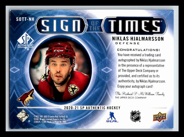 2020-21 SP Authentic Sign of the Times #SOTTNH Niklas Hjalmarsson