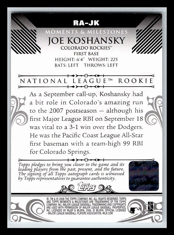 2008 Topps Moments and Milestones Rookie Autographs #JK Joe Koshansky