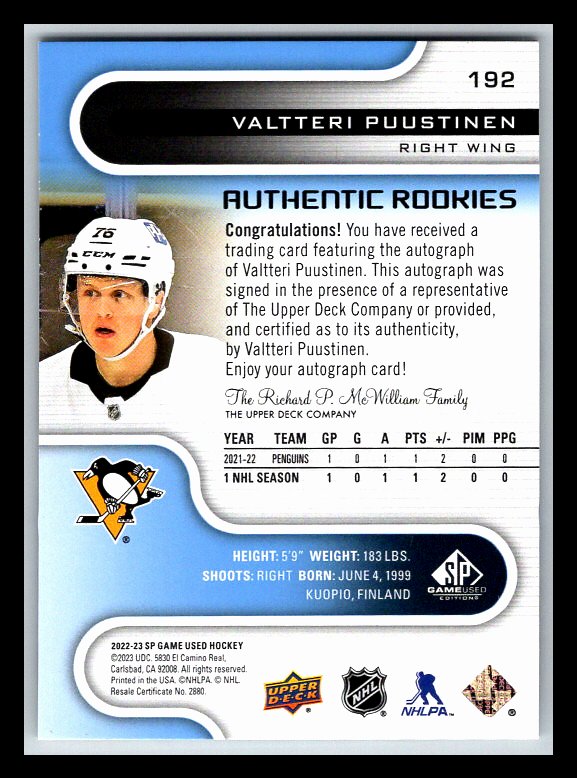 2022-23 SP Game Used Autographs Blue #192 Valtteri Puustinen