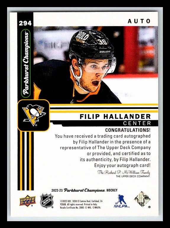 2022-23 Parkhurst Champions Autographs #294 Filip Hallander