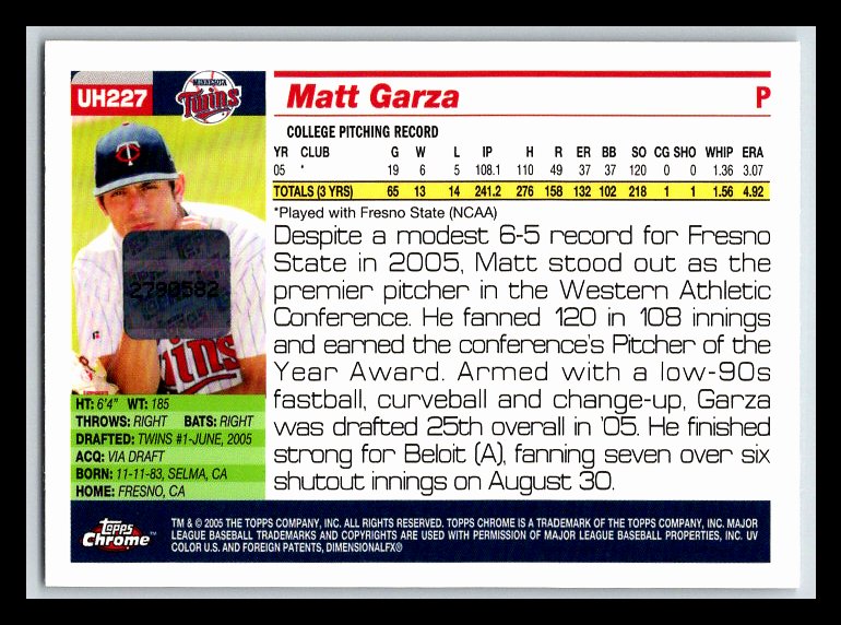 2005 Topps Chrome Update #227 Matt Garza FY AU A RC