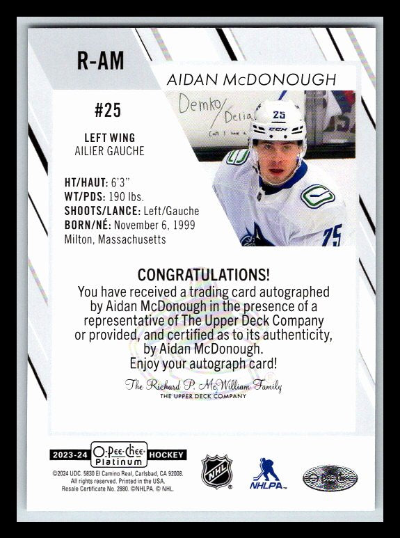 2023-24 O-Pee-Chee Platinum Rookie Autographs #RAM Aidan McDonough