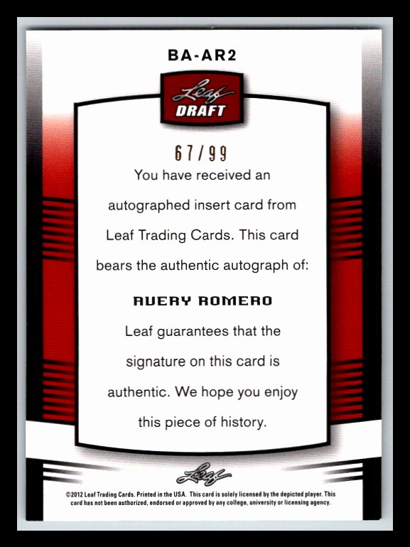 2012 Leaf Metal Draft Prismatic #AR2 Avery Romero 67/99 !!