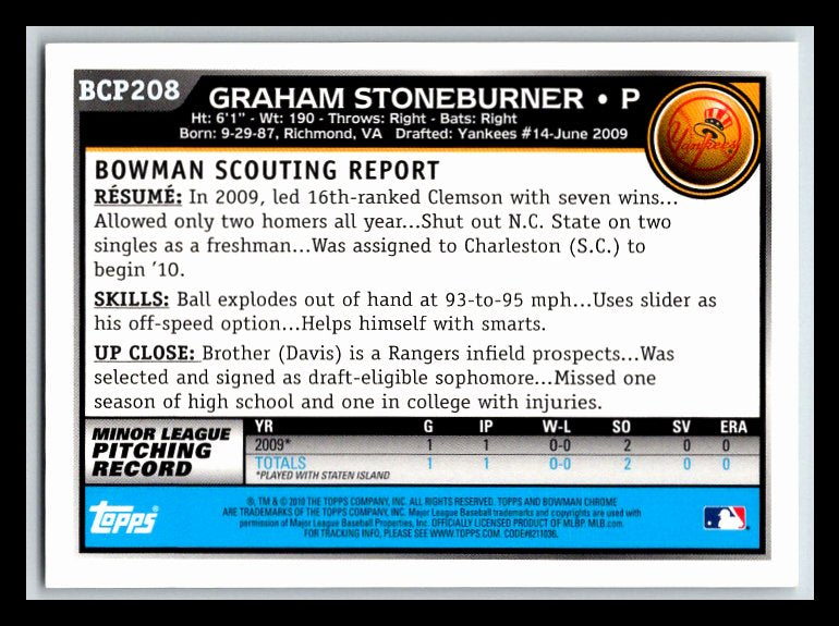 2010 Bowman Chrome Prospects #BCP208B Graham Stoneburner AU