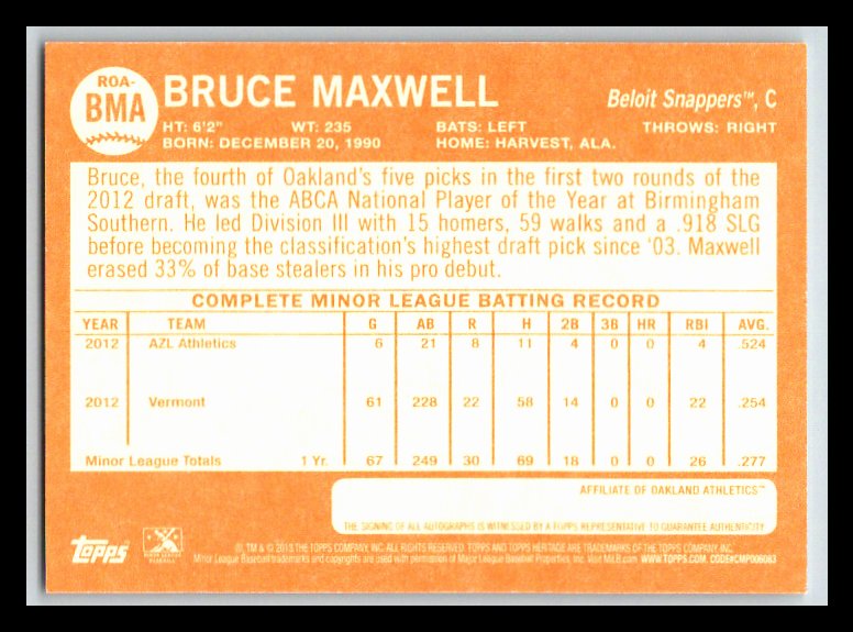 2013 Topps Heritage Minors Real One Autographs #BMA Bruce Maxwell