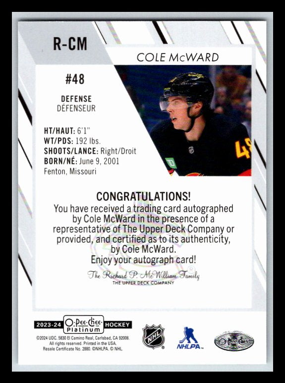 2023-24 O-Pee-Chee Platinum Rookie Autographs #RCM Cole McWard