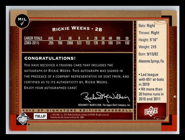2012 SP Signature #MIL4 Rickie Weeks
