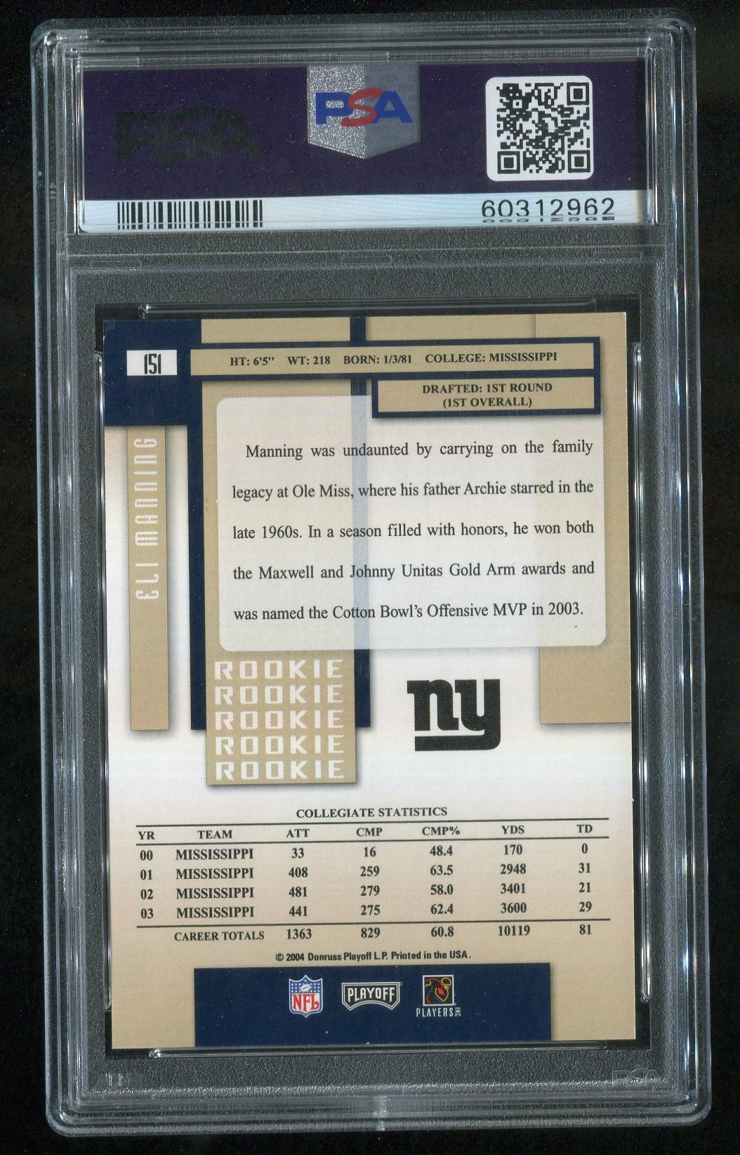 2004 Playoff Prestige #151 Eli Manning RC GRADED PSA 7 !!