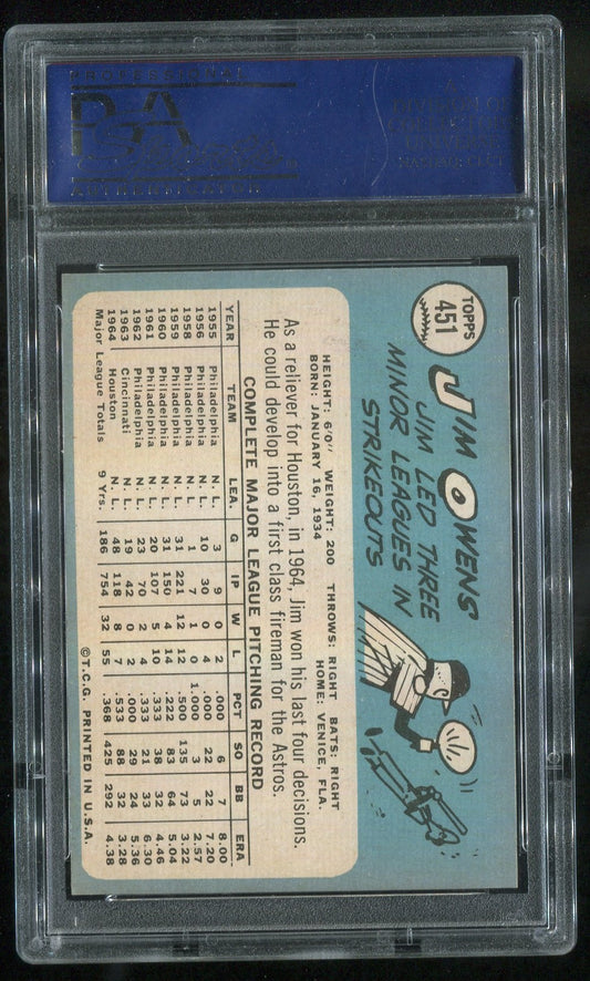 1965 Topps #451 Jim Owens GRADED PSA 8 !!