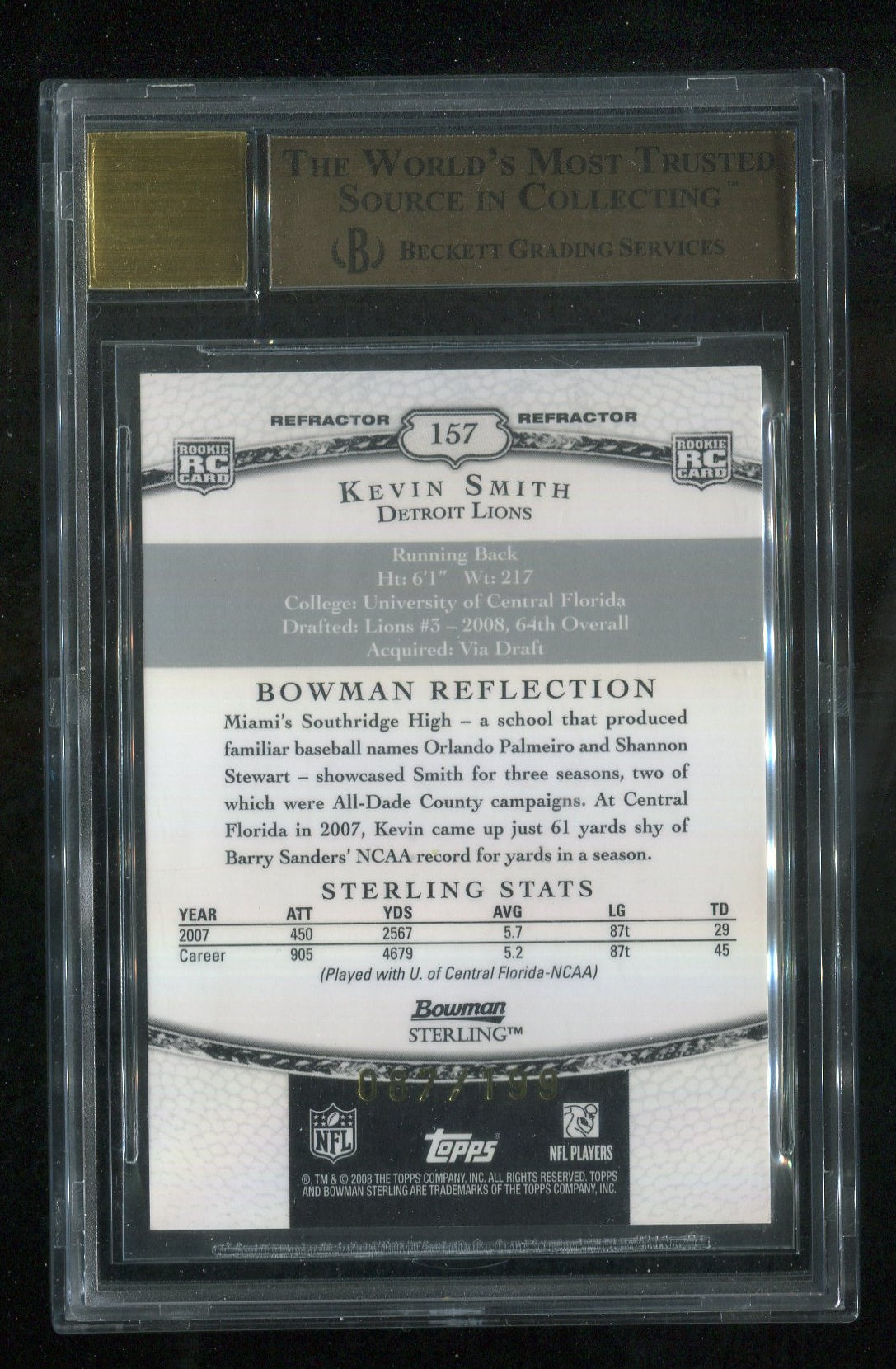 2008 Bowman Sterling Refractors #157B Kevin Smith JSY AU 087/199 GRADED BGS 9.5 !!