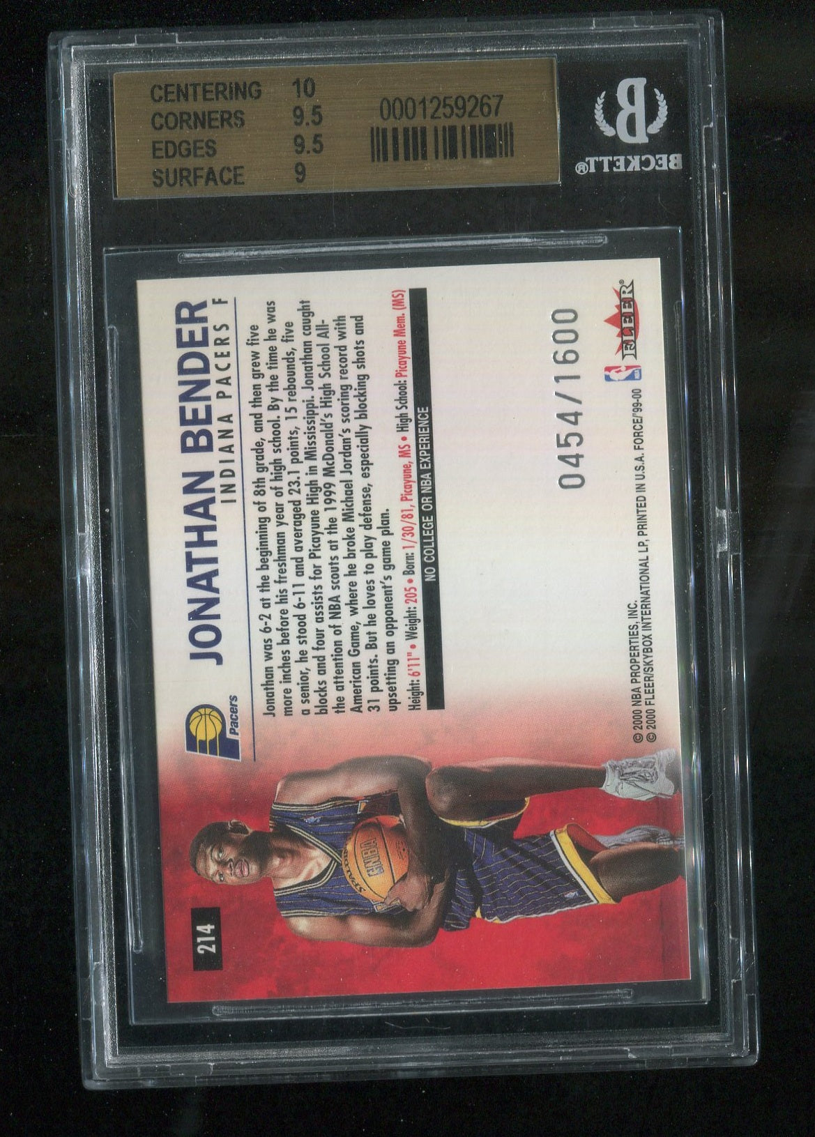 1999-00 Fleer Force #214 Jonathan Bender RC GRADED BGS 9.5 !!