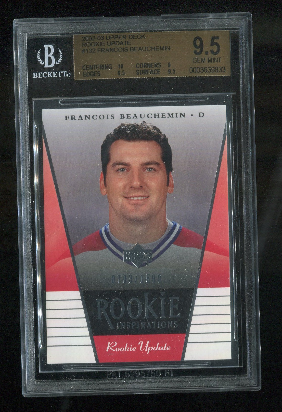 2002-03 Upper Deck Rookie Update #132 Francois Beauchemin RC 0703/1500 GRADED BGS 9.5 !!