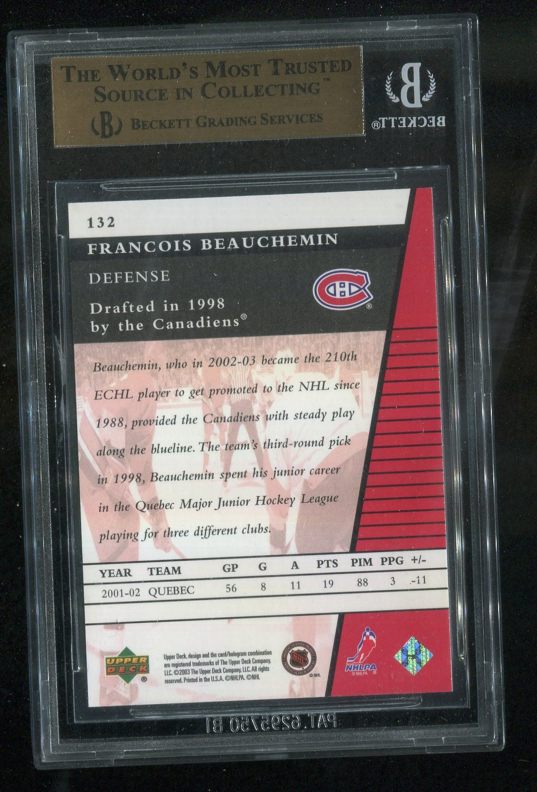 2002-03 Upper Deck Rookie Update #132 Francois Beauchemin RC 0703/1500 GRADED BGS 9.5 !!