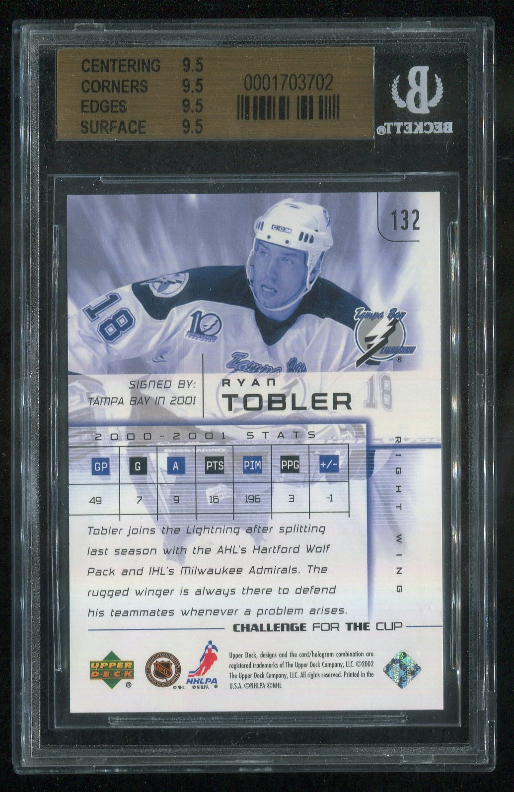 2001-02 UD Challenge for the Cup #132 Ryan Tobler RC 0312/1000 GRADED BGS 9.5 !!
