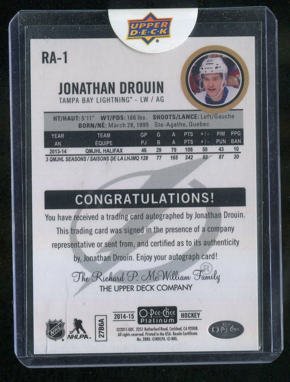 2014-15 O-Pee-Chee Platinum Rookie Autographs #RA1 Jonathan Drouin