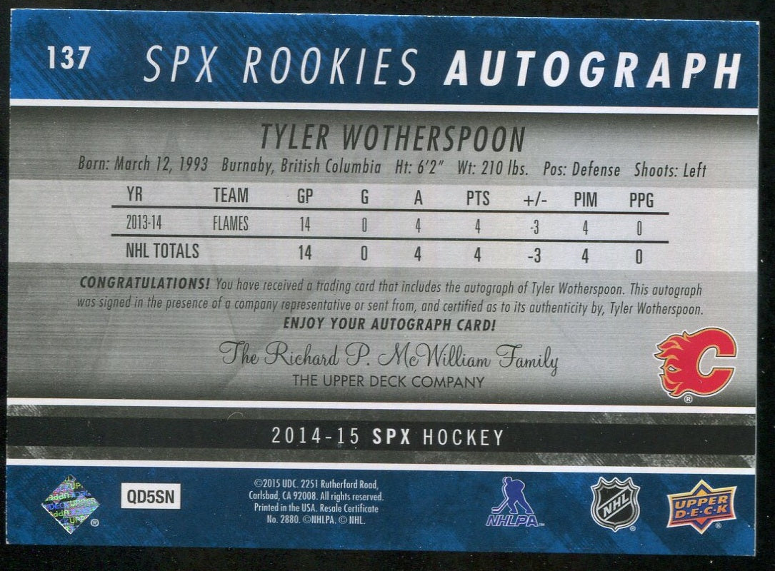 2014-15 SPx Spectrum Blue #137 Tyler Wotherspoon AU RC 08/50