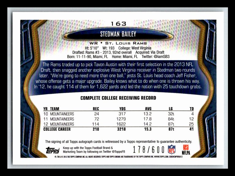 2013 Topps Chrome Rookie Autographs #163 Stedman Bailey 178/600 !!
