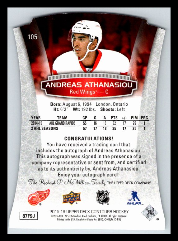2015-16 Upper Deck Contours #105 Andreas Athanasiou AU RC 365/499 !!