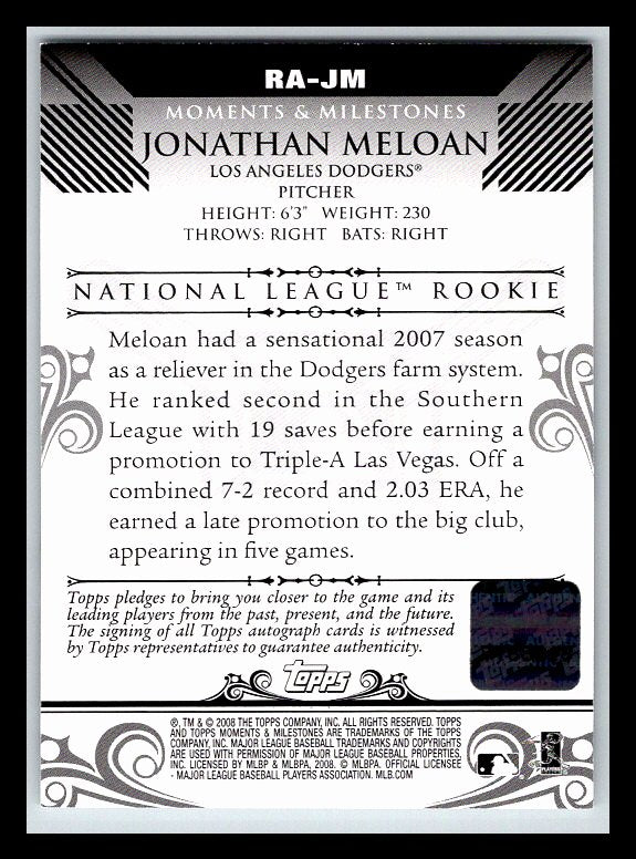 2008 Topps Moments and Milestones Rookie Autographs #JM Jonathan Meloan