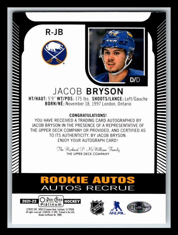 2021-22 O-Pee-Chee Platinum Rookie Autographs #RJB Jacob Bryson