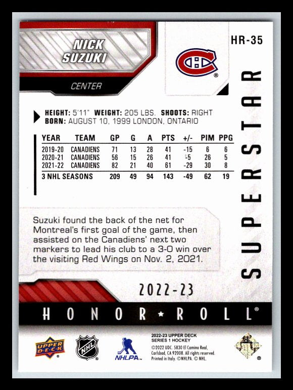 2022-23 Upper Deck Honor Roll #HR35 Nick Suzuki