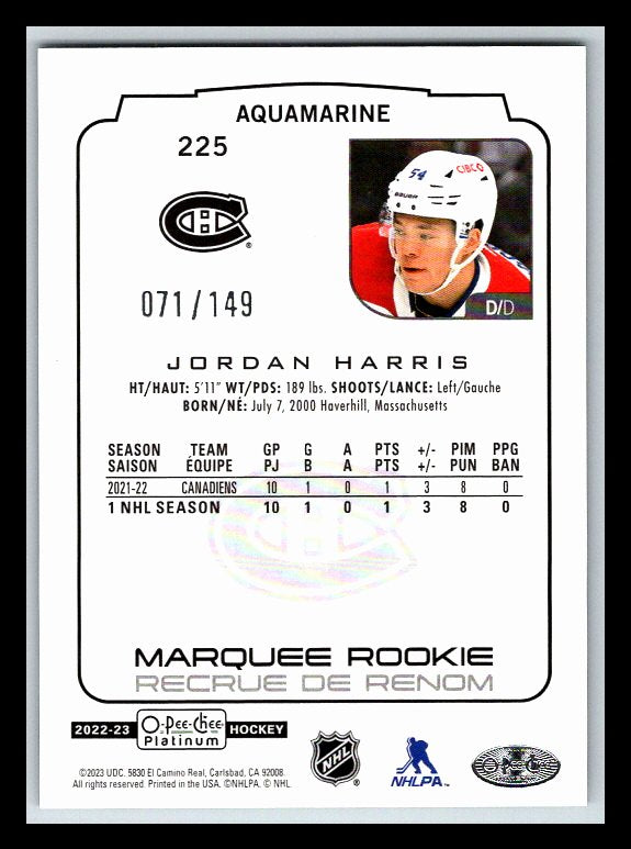 2022-23 O-Pee-Chee Platinum Aquamarine #225 Jordan Harris RC 071/149 !!