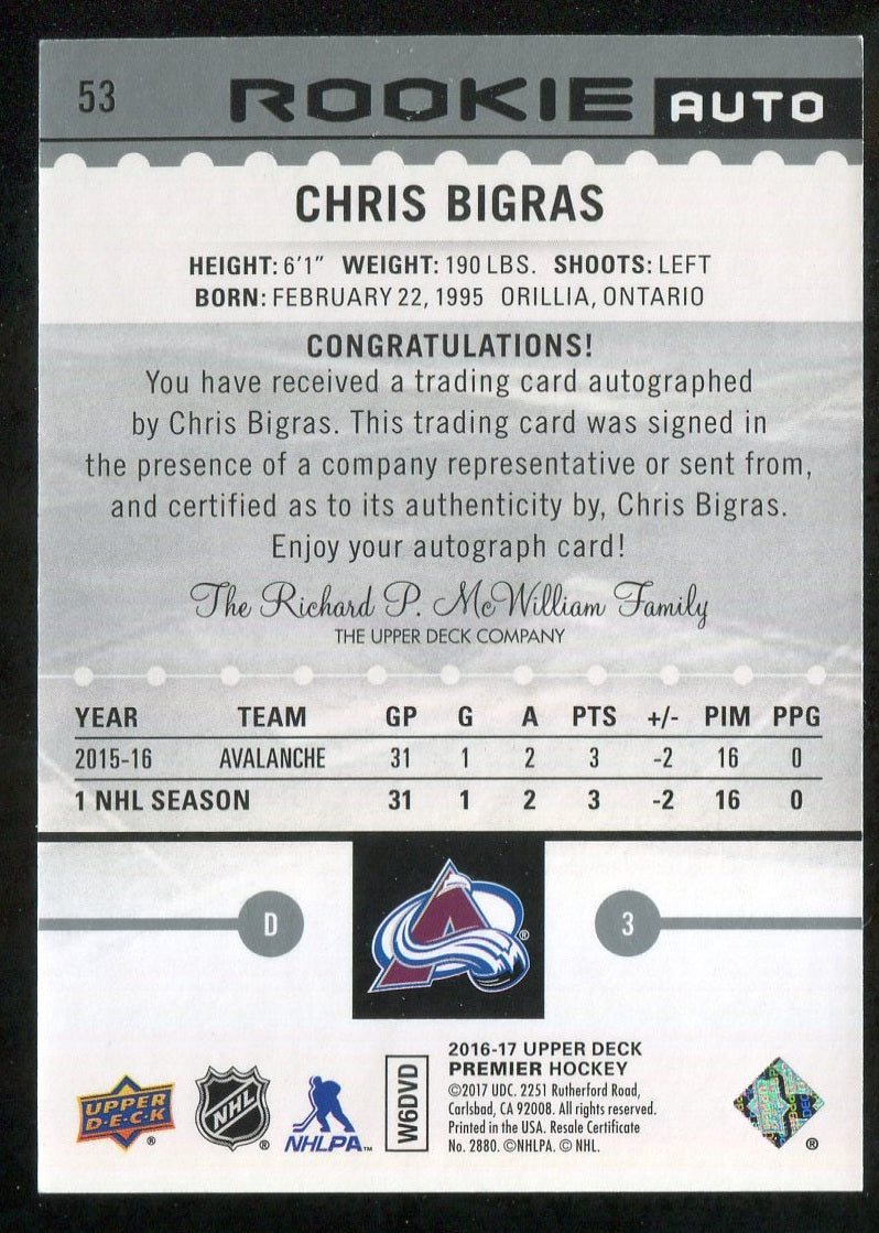 2016-17 Upper Deck Premier #53 Chris Bigras AU RC 019/399 !!