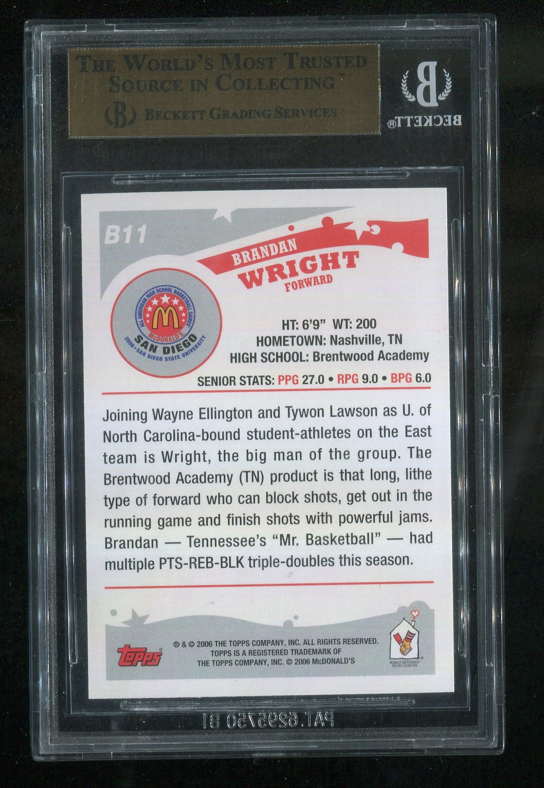 2006 Topps McDonald's All-American #B11 Brandan Wright GRADED BGS 9.5 !!