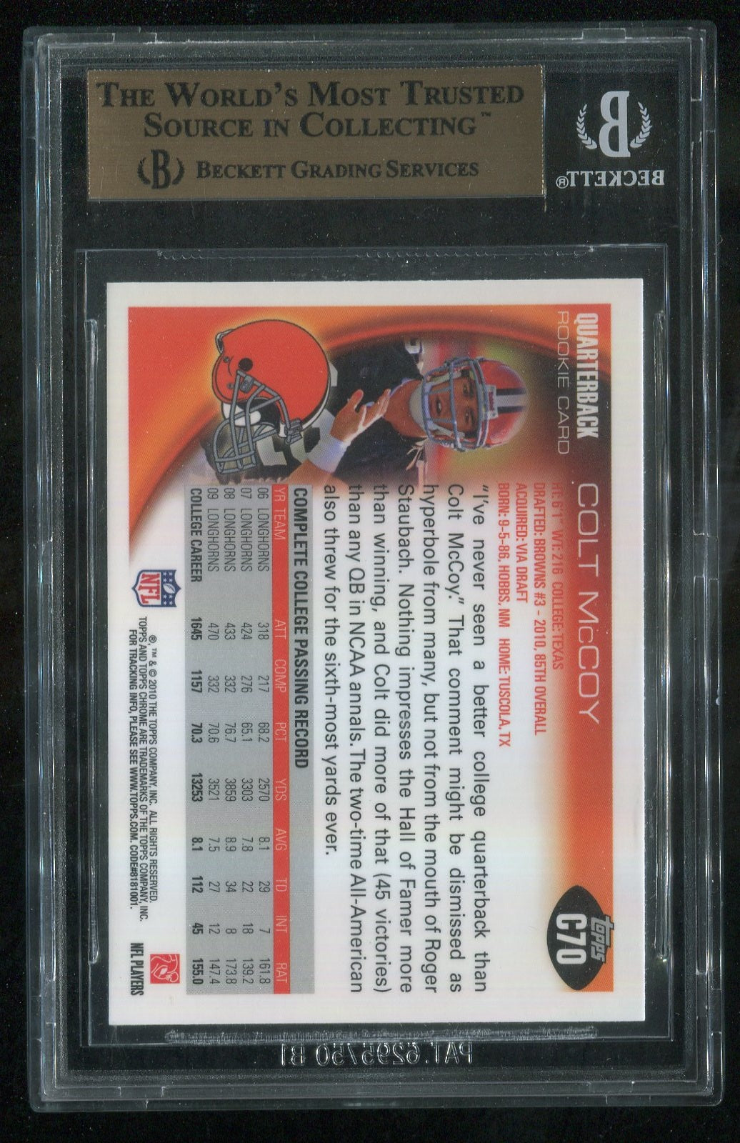 2010 Topps Chrome #C70A Colt McCoy Helmet RC GRADED BGS 9.5 !!